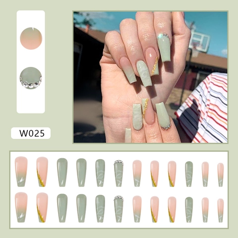 Unghie Finte Lunghe Ballerina Verde Matcha Design Marmo Strass Foglia Oro Sfumate Manicure Artificiale Elegante Per Donna