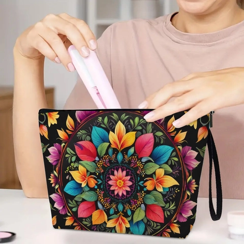 Floral Printed Linen Cosmetic Bag Mandala Pattern Travel Toiletry Organizer With Zipper And Wrist Strap