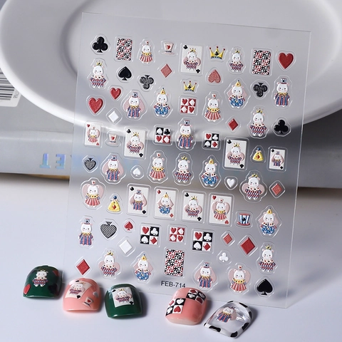 Autocollants De Nail Art En Relief 5D Autocollants Cartes De Poker Lapin Ours Dessin Animé Manucure Imperméable