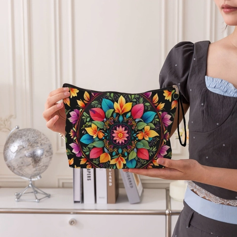 Floral Printed Linen Cosmetic Bag Mandala Pattern Travel Toiletry Organizer With Zipper And Wrist Strap