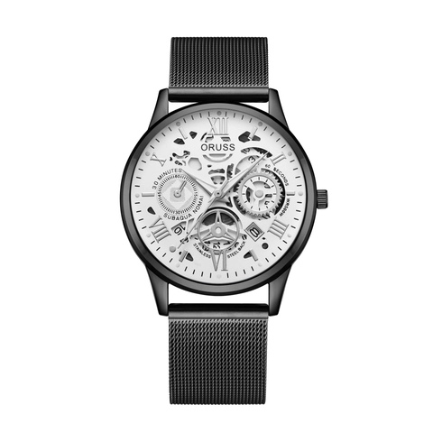 Men Quartz Watch Alloy Case Stainless Steel Mesh Leather Strap Skeleton Dial Roman Numerals Waterproof Business Casual