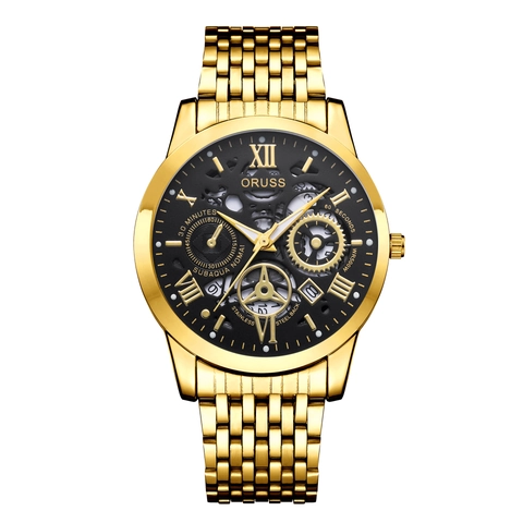 Men Quartz Watch Skeleton Dial Waterproof Stainless Steel Back Roman Numerals Business Fashion Luxury Wristwatch