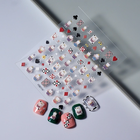 Autocollants De Nail Art En Relief 5D Autocollants Cartes De Poker Lapin Ours Dessin Animé Manucure Imperméable