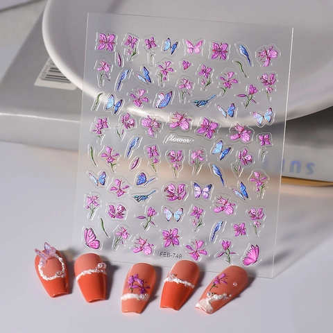 Embossed Relief Nail Art Stickers Purple Flower Butterfly Bird Pattern Waterproof DIY Manicure Decals