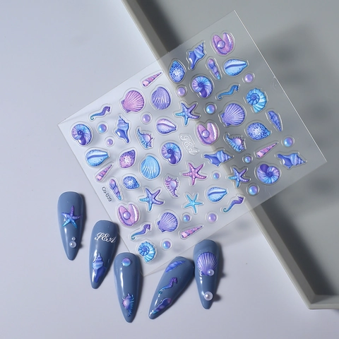 5D Relief Embossed Nail Art Stickers Ocean Shell Starfish Goldfish Theme Waterproof Plastic Adhesive Decals DIY Manicure