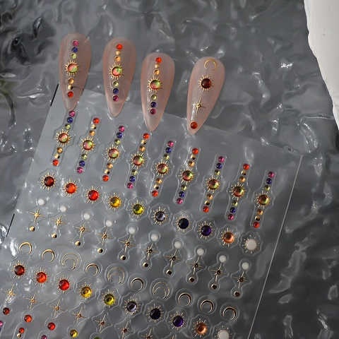 5D Embossed Nail Art Stickers Celestial Sun Moon Star Gold Stamping Rhinestones Self Adhesive Waterproof DIY Manicure