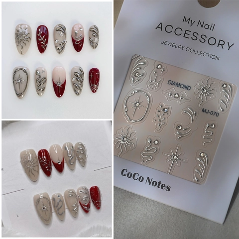 5D Geprägte Nagelkunst Aufkleber Metallische Gold Silber Sonne Stern Schlange Designs Mit Strass Selbstklebend Wasserdicht