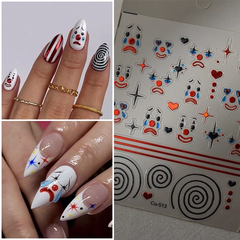 Autocollants De Nail Art Gaufrés 5D Clown De Cirque Motifs De Coeur Étoile Dessin Animé Imperméables Auto-Adhésifs Style Relief