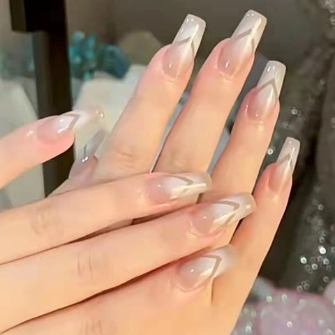 Press On Nails French V-Tip Nude Pink Gradient Cat Eye Shimmer Long Coffin Shape Artificial False Nails For Women