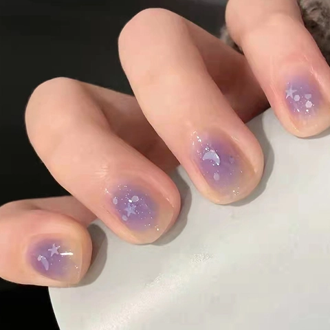 Uñas Postizas Press On Degradado Morado Estrella Luna Plástico Brillo Gelatina Para Mujeres
