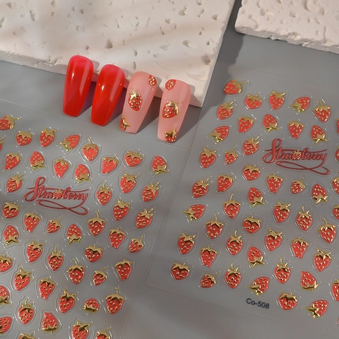 Adesivi Per Unghie Fragola 3D Rilievo 5D Design Frutta Rosso E Oro Decorazione Per Manicure DIY Per Donne