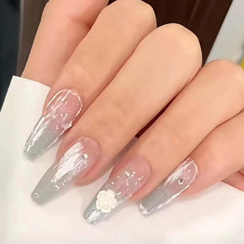 Press On Nails Lang Sargform 3D Kamelienblüte Strass Marmor Grau Farbverlauf Falsche Nägel