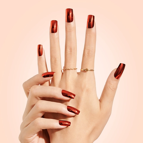 Uñas Postizas Largas Forma Ataúd Rojo Metálico Espejo Cromo Acabado Puntas Artificiales Accesorio Belleza Brillante