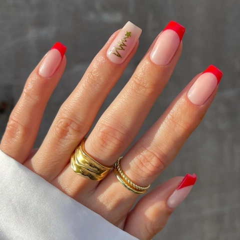 French Red Press On Nails Long Square Fake Nails With Gold Star Christmas Pattern Glue On Nails For Women
