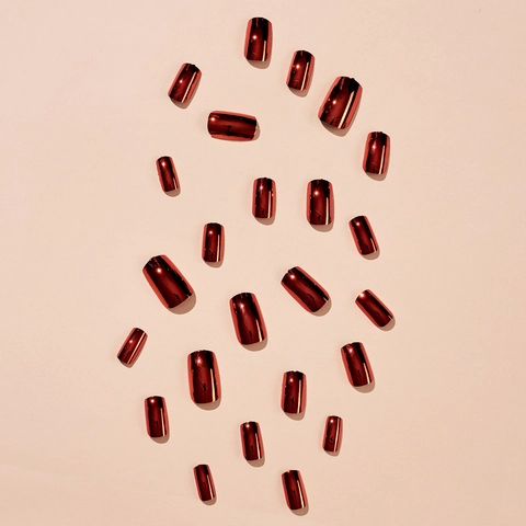 Uñas Postizas Largas Forma Ataúd Rojo Metálico Espejo Cromo Acabado Puntas Artificiales Accesorio Belleza Brillante