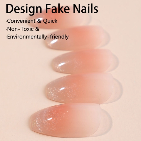 French Cat Eye Press On Nails Pink Gradient Silver Glitter Square Round Long Fake Nails Women DIY Nail Art Kit