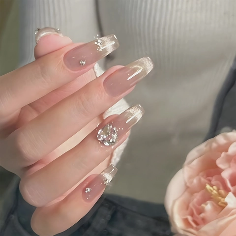 Unghie Finte Lunghe Coffin Cat Eye Sfumate Lucide Con Strass Colla Gelatina E Lima Per Unghie Da Donna