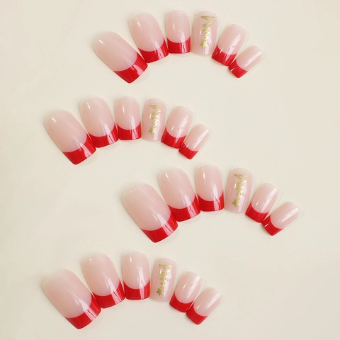 French Red Press On Nails Long Square Fake Nails With Gold Star Christmas Pattern Glue On Nails For Women