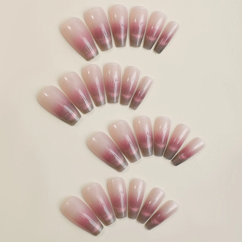 Cat Eye Ombre Verlauf Künstliche Nägel Lange Sargform Glänzendes Nude Pink Ballerina Kunstnägel