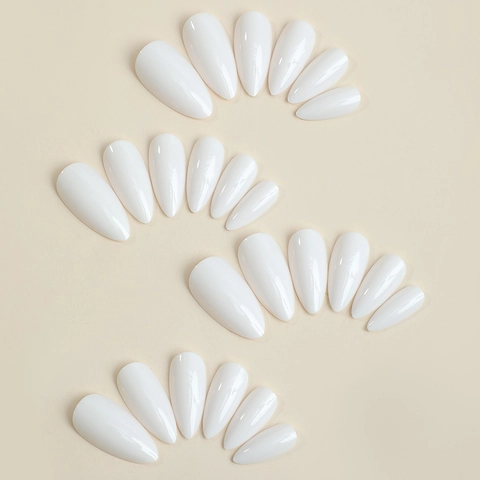 Glossy Solid White Almond Press On Nails Artificial Fake Fingernails Full Cover With Adhesive Tabs And File