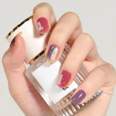 Press On Nails Gradient Oil Painting Style With Gold Foil Artificial Nails Wearable Square Oval For Women
