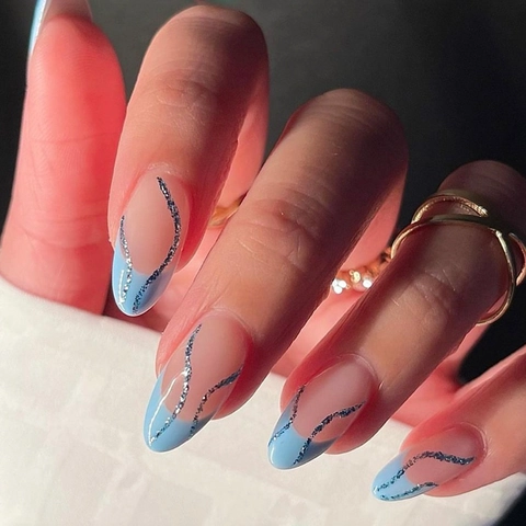 Almond Long Press On Nägel Hellblau French Tips Silber Glitzer Welle Künstliche Falsche Nägel Mit Klebelaschen Und Feile