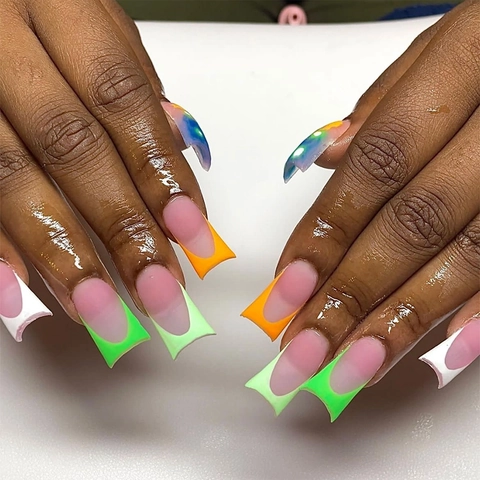 French Press On Nails Long Square Matte Colorful Fluorescent Green White Orange Marble DIY Manicure For Women