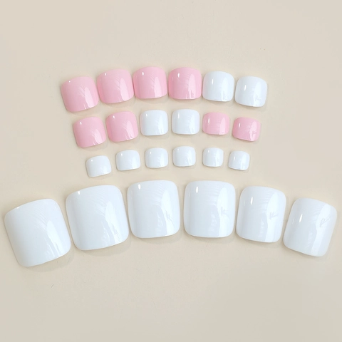 Unghie Finte Per Piedi Lucide Corte Quadrate Copertura Completa Contrasto Rosa Bianco Minimalista Per Donne