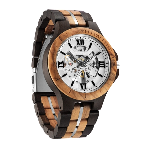 Skelett Automatik Mechanische Uhr Holz Und Edelstahl Römische Ziffern Leuchtzeiger Herren Retro Armbanduhr