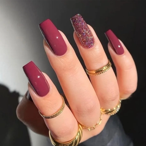 Long Coffin Press On Nails Wine Red Glossy And Pink Glitter Sequins Artificial Fake Finger Nails For Women Manicure