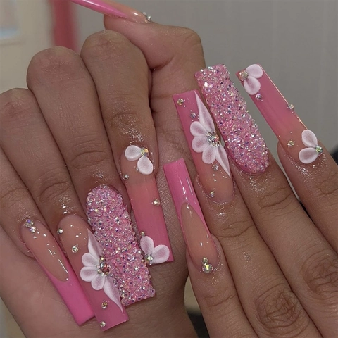 Long Coffin Press On Nails Pink Gradient French With 3D White Flowers Rhinestones And Artificial Pearls Glossy False Nail Tips