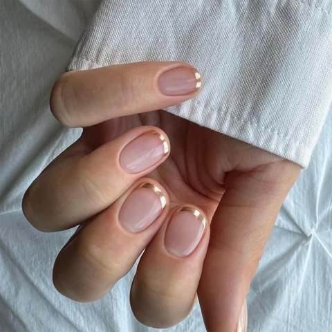 Gold French Tip Press On Nails Short Square Nude Pink Fake Nails DIY Manicure Detachable Full Cover ABS Plastic