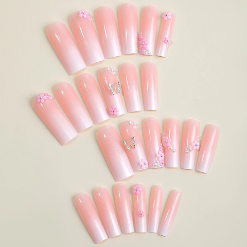 Uñas Postizas Largas Coffin Ombre Rosa Con Flores 3D Diamantes De Imitación Mariposa Perla Artificial Para Mujeres