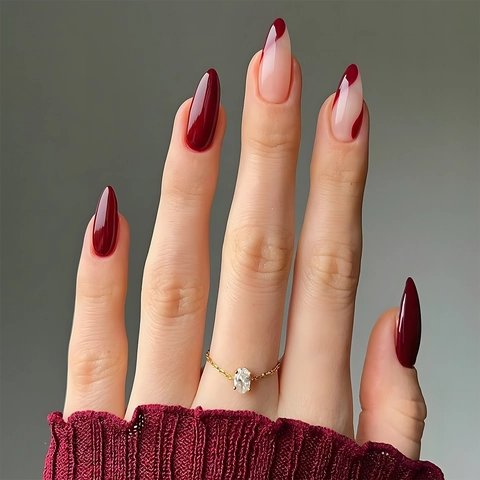 Mandorla Press On Unghie Opaco Borgogna Rosso Nude Rosa Stile Francese Strisce Lunghe Manicure Artificiale Per Donne Elegante