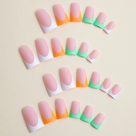 French Press On Nails Long Square Matte Colorful Fluorescent Green White Orange Marble DIY Manicure For Women