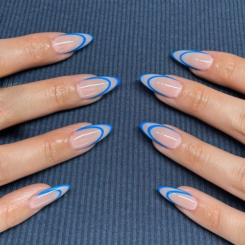 Almond Press On Nails Blue French Tip Dual Stripe Design Fake Nails Minimalist Elegant Manicure For Women