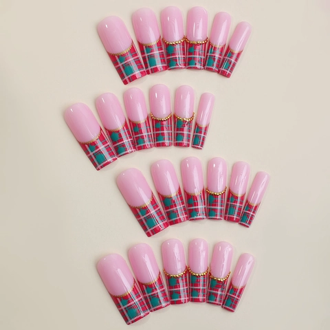 Christmas Press On Nails Long French Square Red Green Plaid Gold Bead Decor ABS Resin Artificial Fake Nails For Women