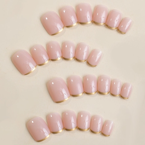 Gold French Tip Press On Nails Short Square Nude Pink Fake Nails DIY Manicure Detachable Full Cover ABS Plastic