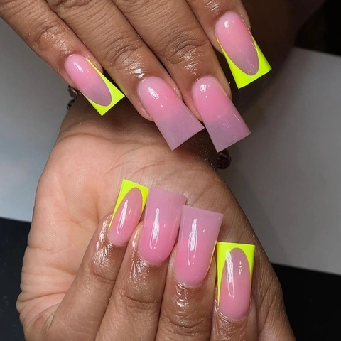 Press On Nägel Lang Trapez Pink Gradient Fluo Gelb French Tip Glänzend Falsche Nägel Mit Geleekleber Nagelfeile Damen