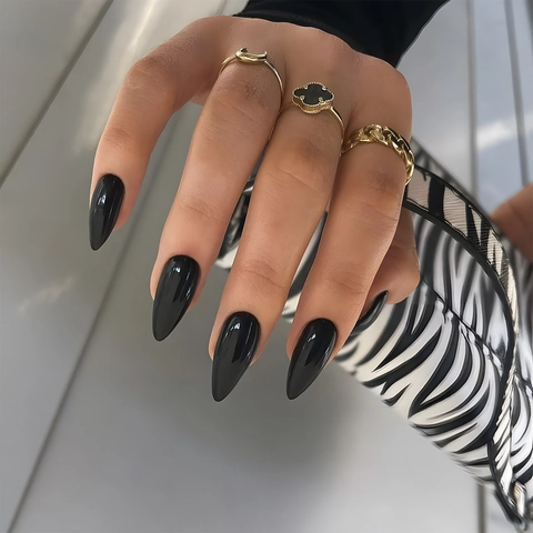 Unghie Finte Nere Forma Mandorla Lucide Rimovibili Con Linguette Adesive E Lima Per Unghie DIY Manicure Donne