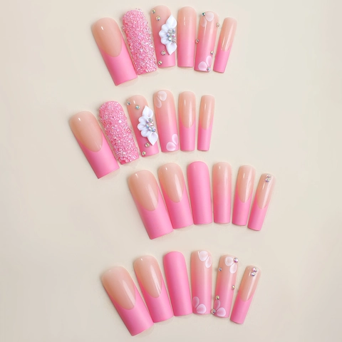 Long Coffin Press On Nails Pink Gradient French With 3D White Flowers Rhinestones And Artificial Pearls Glossy False Nail Tips