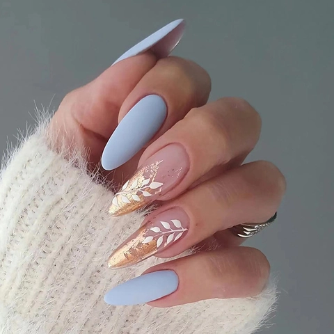 Unghie Press On Mandorla Blu Opaco E Foglia Oro Motivo Foglia Bianca Unghie Finte Artificiali Arte Manicure Per Donne