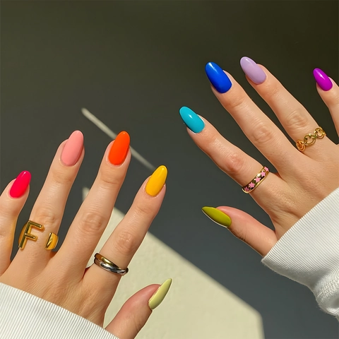 Uñas Postizas Press On Arcoíris Degradado Largas Forma Ballet Uñas Artificiales Brillantes Con Pegamento De Gel Y Lima