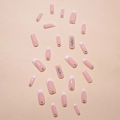 Unghie Finte Press On Lunghe Rettangolari French Manicure Punte Bianche Base Rosa Con Strass Manicure Elegante Donna