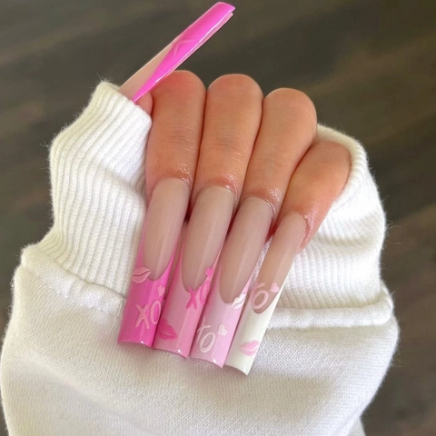 Extra Long Coffin Press On Nails French Pink White XO Lip Print Valentine Day Fashion False Nails For Women