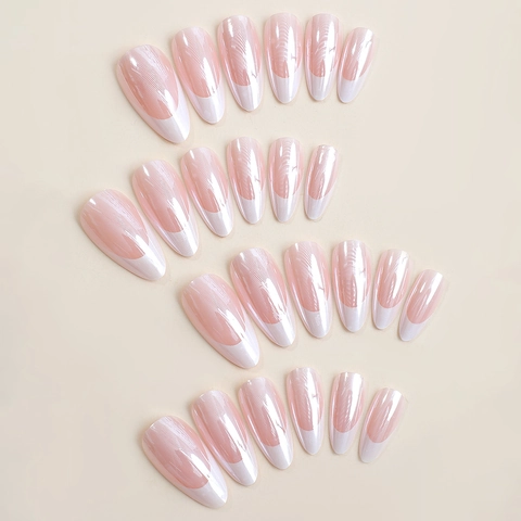 Ongles French Tip Press On Finition Chrome Perlé Forme Amande Carrée Ongles Artificiels Détachables Pour Femmes Elégant
