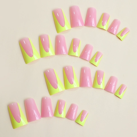 Press On Nägel Lang Trapez Pink Gradient Fluo Gelb French Tip Glänzend Falsche Nägel Mit Geleekleber Nagelfeile Damen