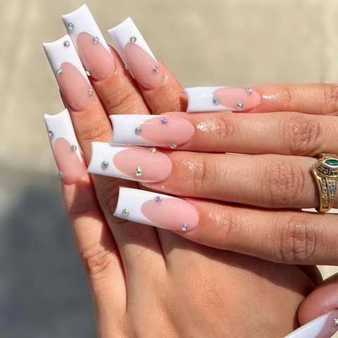 Französische Künstliche Nägel Extra Lang Coffin Rosa Weiß Strass Glänzende Falsche Nägel Für Frauen