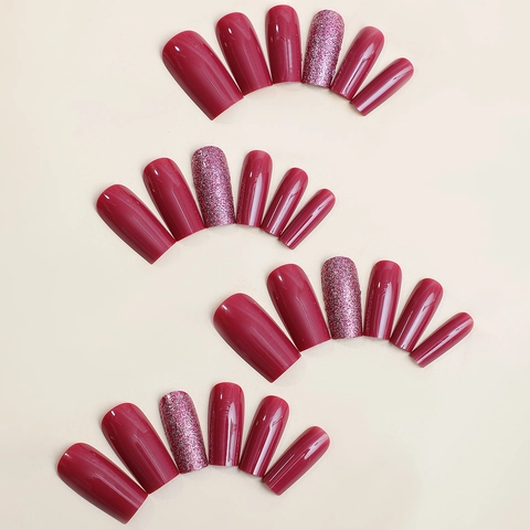 Long Coffin Press On Nails Wine Red Glossy And Pink Glitter Sequins Artificial Fake Finger Nails For Women Manicure