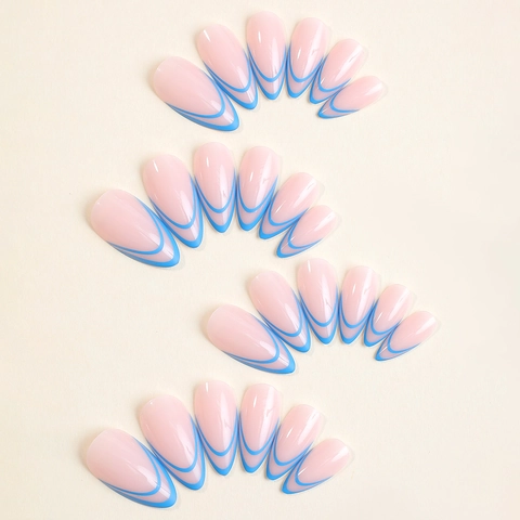 Almond Press On Nails Blue French Tip Dual Stripe Design Fake Nails Minimalist Elegant Manicure For Women